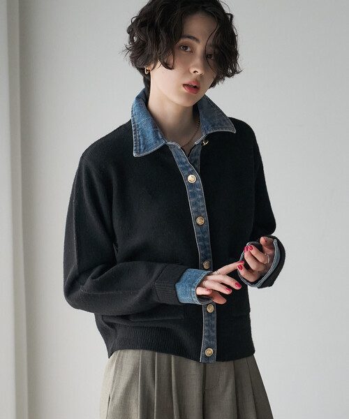 FREAK'S STORE(フリークスストア)の「異素材ドッキングニット/デニムドッキング ニットカーディガン(カーディガン/ボレロ・レディース・ブラック/グレー/ベージュ・フリ-)」の5枚目の写真