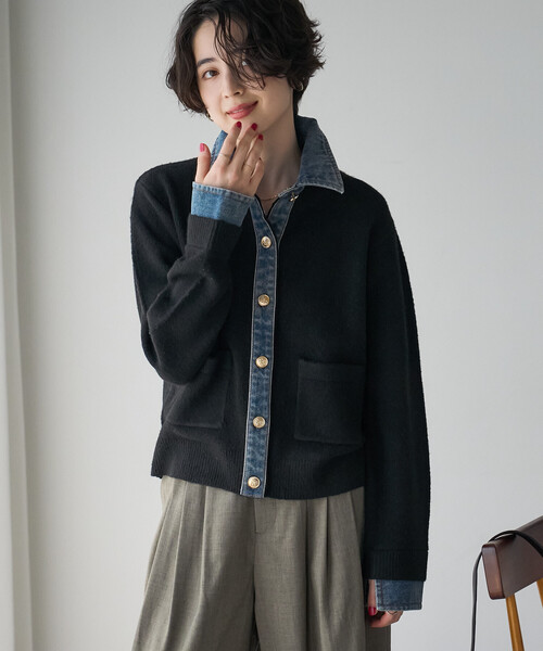 FREAK'S STORE(フリークスストア)の「異素材ドッキングニット/デニムドッキング ニットカーディガン(カーディガン/ボレロ・レディース・ブラック/グレー/ベージュ・フリ-)」の9枚目の写真