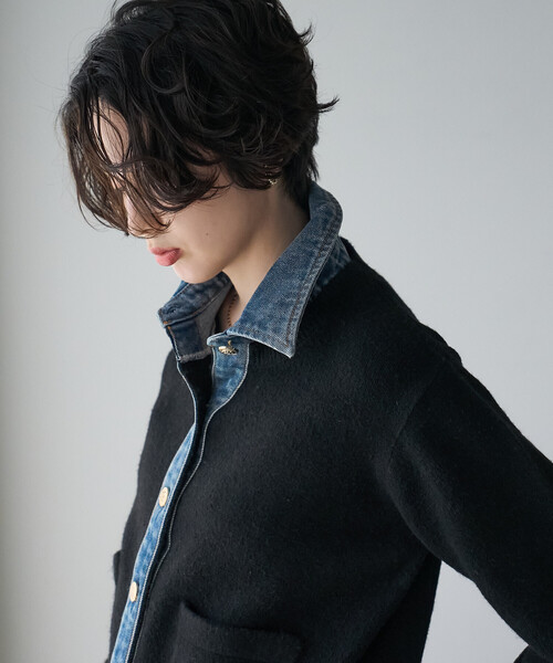 FREAK'S STORE(フリークスストア)の「異素材ドッキングニット/デニムドッキング ニットカーディガン(カーディガン/ボレロ・レディース・ブラック/グレー/ベージュ・フリ-)」の10枚目の写真