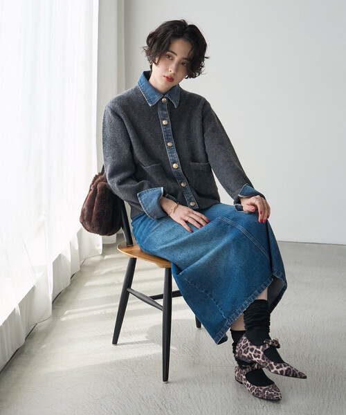 FREAK'S STORE(フリークスストア)の「異素材ドッキングニット/デニムドッキング ニットカーディガン(カーディガン/ボレロ・レディース・ブラック/グレー/ベージュ・フリ-)」の15枚目の写真