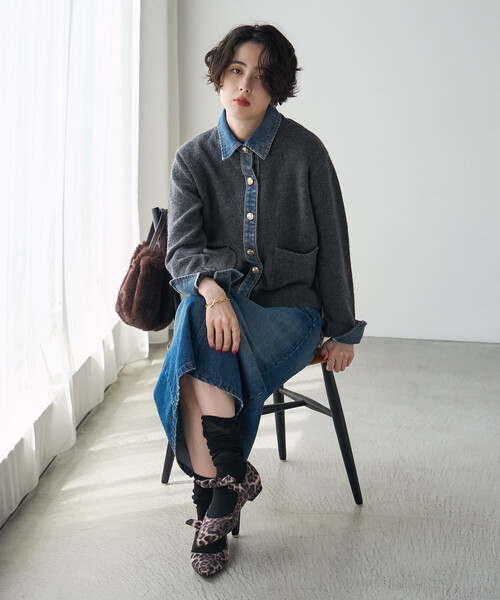 FREAK'S STORE(フリークスストア)の「異素材ドッキングニット/デニムドッキング ニットカーディガン(カーディガン/ボレロ・レディース・ブラック/グレー/ベージュ・フリ-)」の16枚目の写真