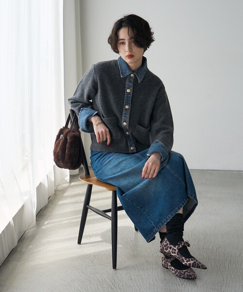 FREAK'S STORE(フリークスストア)の「異素材ドッキングニット/デニムドッキング ニットカーディガン(カーディガン/ボレロ・レディース・ブラック/グレー/ベージュ・フリ-)」の17枚目の写真