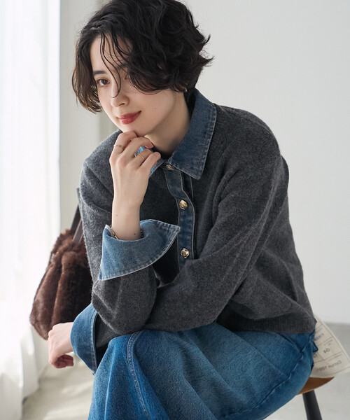 FREAK'S STORE(フリークスストア)の「異素材ドッキングニット/デニムドッキング ニットカーディガン(カーディガン/ボレロ・レディース・ブラック/グレー/ベージュ・フリ-)」の18枚目の写真