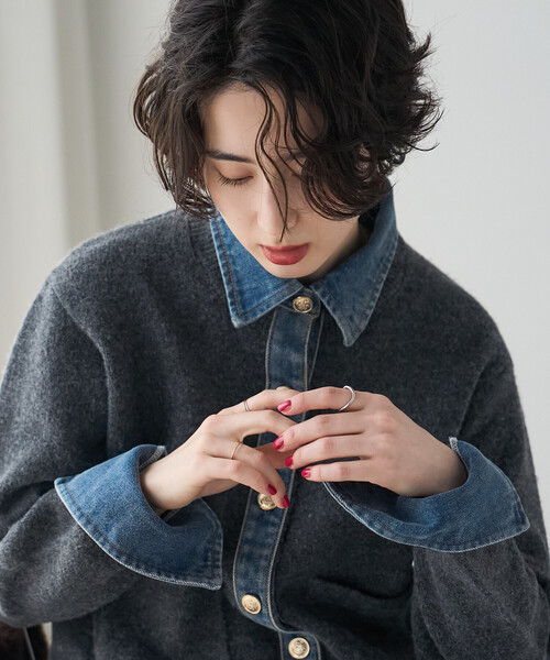 FREAK'S STORE(フリークスストア)の「異素材ドッキングニット/デニムドッキング ニットカーディガン(カーディガン/ボレロ・レディース・ブラック/グレー/ベージュ・フリ-)」の21枚目の写真