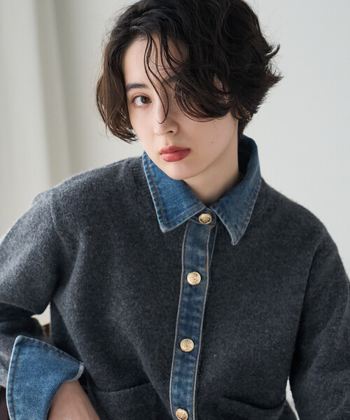 FREAK'S STORE(フリークスストア)の「異素材ドッキングニット/デニムドッキング ニットカーディガン(カーディガン/ボレロ・レディース・ブラック/グレー/ベージュ・フリ-)」の22枚目の写真
