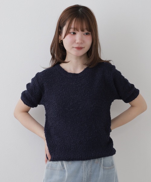 FUNALIVE(ファンアライブ)の「ブークレ クルーネックパフスリーブ半袖ニット(ニット/セーター・レディース・ピンク/ネイビー・FREE)」の1枚目の写真