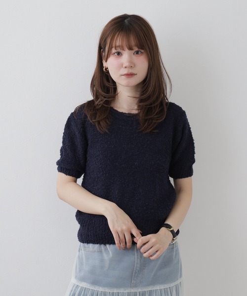 FUNALIVE(ファンアライブ)の「ブークレ クルーネックパフスリーブ半袖ニット(ニット/セーター・レディース・ピンク/ネイビー・FREE)」の3枚目の写真