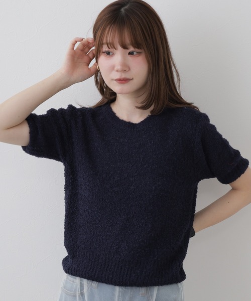 FUNALIVE(ファンアライブ)の「ブークレ クルーネックパフスリーブ半袖ニット(ニット/セーター・レディース・ピンク/ネイビー・FREE)」の8枚目の写真
