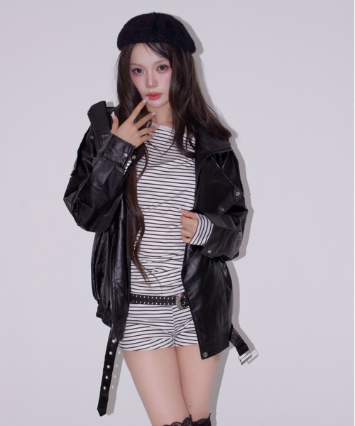 REINE NOIRE(レーヌノワール)の「neck leather jacket. / ネック レザー ジャケット(ブルゾン・レディース・ブラック・FREE)」の11枚目の写真