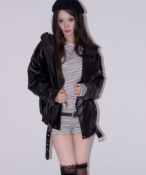 REINE NOIRE(レーヌノワール)の「neck leather jacket. / ネック レザー ジャケット(ブルゾン・レディース・ブラック・FREE)」の12枚目の写真