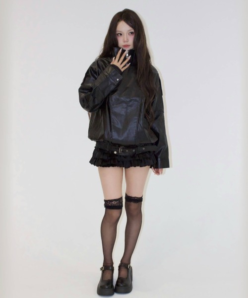 REINE NOIRE(レーヌノワール)の「neck leather jacket. / ネック レザー ジャケット(ブルゾン・レディース・ブラック・FREE)」の6枚目の写真