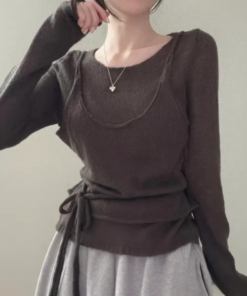 FLINEA(フリネア)の「薄手フェイクレイヤードニットトップス(ニット/セーター・レディース・ブラック/ブラウン/グレー/オフホワイト・FREE)」の4枚目の写真