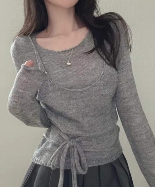 FLINEA(フリネア)の「薄手フェイクレイヤードニットトップス(ニット/セーター・レディース・ブラック/ブラウン/グレー/オフホワイト・FREE)」の3枚目の写真