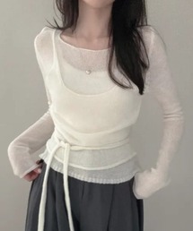 薄手フェイクレイヤードニットトップス