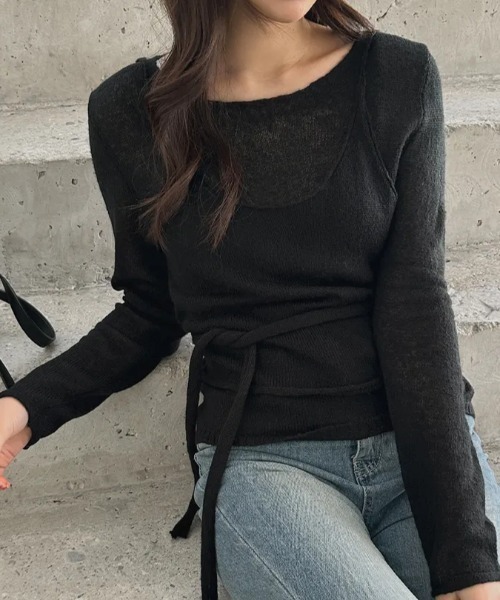 FLINEA(フリネア)の「薄手フェイクレイヤードニットトップス(ニット/セーター・レディース・ブラック/ブラウン/グレー/オフホワイト・FREE)」の9枚目の写真
