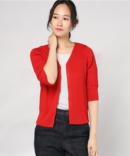 ottilie（オティーリエ）の「リブニットカーディガン（カーディガン/ボレロ・レディース・オフホワイト/ブラック/モカ/グリーン/レッド/グレー・FREE）」の14枚目の写真