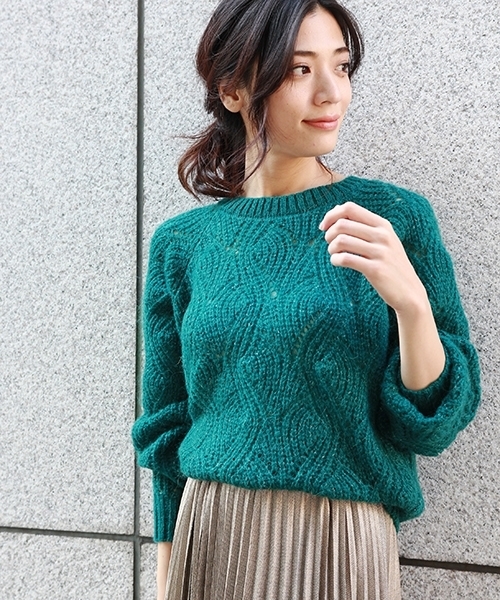 laboratory work（ラボラトリーワーク）の「【佐藤繊維】モヘヤラメ透かし柄プルオーバー【JAPAN MADE】（ニット/セーター・レディース・オフホワイト/グリーン/杢グレー・MEDIUM）」の3枚目の写真