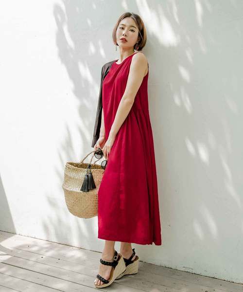 Mode Robe モードローブ の ウエストギャザーワンピース ロングワンピース 膝下丈 ノースリーブ ノースリ ワンピ ゆったり ワンピース Wear