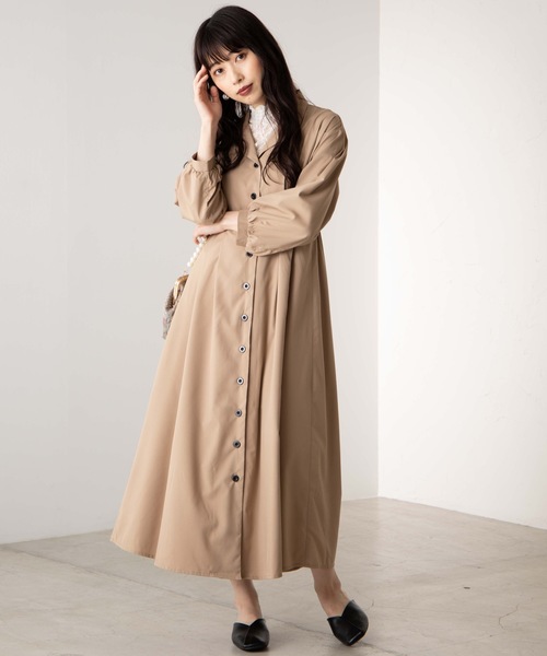 WEGO(ウィゴー)の「WEGO/オープンカラーウエストタック7分袖ワンピース(シャツワンピース・レディース・ベージュ/ブラック・FREE)」の5枚目の写真