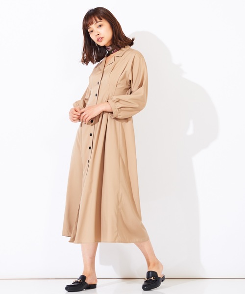 WEGO(ウィゴー)の「WEGO/オープンカラーウエストタック7分袖ワンピース(シャツワンピース・レディース・ベージュ/ブラック・FREE)」の11枚目の写真