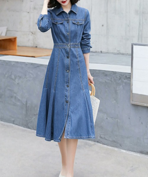 デニム ワンピース シャツワンピース Grandeir グランディール のファッション シャツワンピース フレア フレア