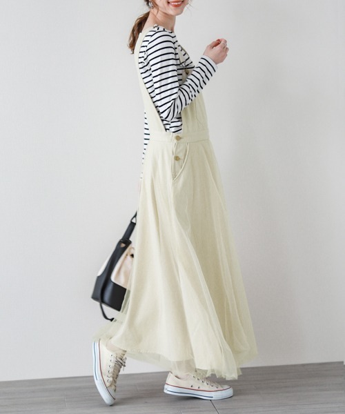 La-gemme(ラジェム)の「チュールドッキングデニムジャンパースカート(サロペット/オーバーオール・レディース・ネイビー/アイボリー/ベージュ/オリーブ/ブラック・M/L)」の8枚目の写真