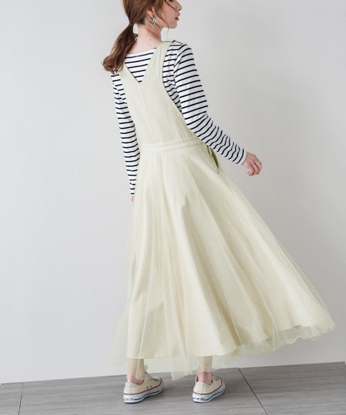 La-gemme(ラジェム)の「チュールドッキングデニムジャンパースカート(サロペット/オーバーオール・レディース・ネイビー/アイボリー/ベージュ/オリーブ/ブラック・M/L)」の10枚目の写真