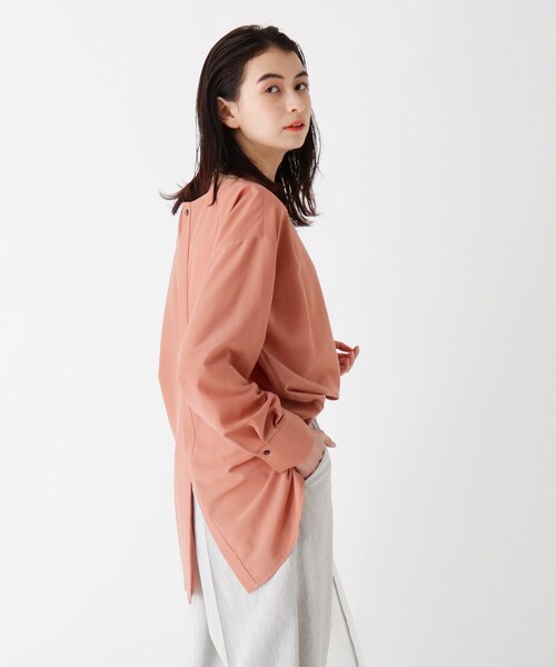 K413/OPAQUE.CLIP セットアップ フランス製生地 ウエストゴム 紺 STRIPE COTTON CLOTH PLACKET BLOUSE(XS Blue): Vintage 1.2