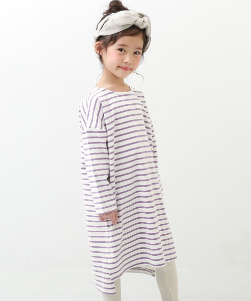 devirock（デビロック）の「ゆるっとボーダー長袖ワンピース（ワンピース・キッズ・ブラック/サックスブルー/ラベンダー/チャコール/ダークベージュ・110cm/100cm/120cm/130cm/140cm/150cm/160cm）」の5枚目の写真
