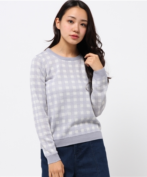 earth music&ecology（アースミュージックアンドエコロジー）の「チェックニットプルオーバー（ニット/セーター・レディース・ブラック/ライトピンク/サックスブルー/ネイビー・SMALL/MEDIUM）」の3枚目の写真