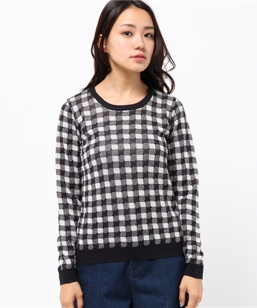 earth music&ecology（アースミュージックアンドエコロジー）の「チェックニットプルオーバー（ニット/セーター・レディース・ブラック/ライトピンク/サックスブルー/ネイビー・SMALL/MEDIUM）」の7枚目の写真