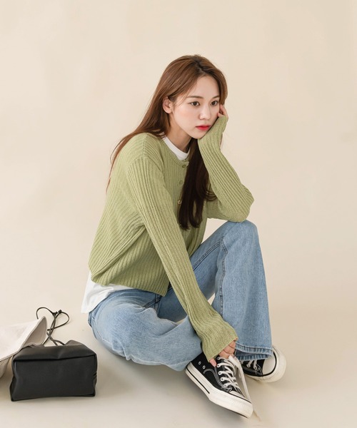 UNE MANSION（ユヌマンション）の「シンプルリブカーディガン（カーディガン/ボレロ・レディース・ブラック/ベージュ/ブラウン/ブルー/黄緑系・FREE）」の4枚目の写真