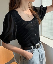 シフォン袖ドッキングリブニット