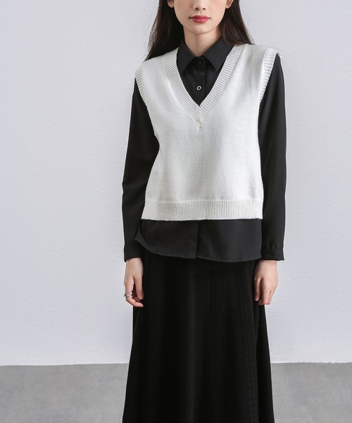 MAISON DE THERESE（メゾン ド テレーズ）の「Vネック柔らかいニットベスト（ベスト・レディース・ブラック/グレー/ライトベージュ/ホワイト/ダークグレー・MEDIUM/LARGE）」の10枚目の写真