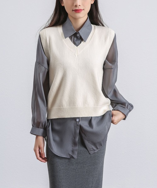 MAISON DE THERESE（メゾン ド テレーズ）の「Vネック柔らかいニットベスト（ベスト・レディース・ブラック/グレー/ライトベージュ/ホワイト/ダークグレー・MEDIUM/LARGE）」の13枚目の写真