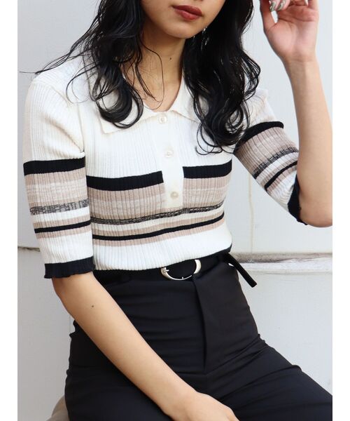 MURUA（ムルーア）の「ランダムリブニットポロシャツ（ポロシャツ・レディース・その他1/ブラック/アイボリー・FREE）」の3枚目の写真