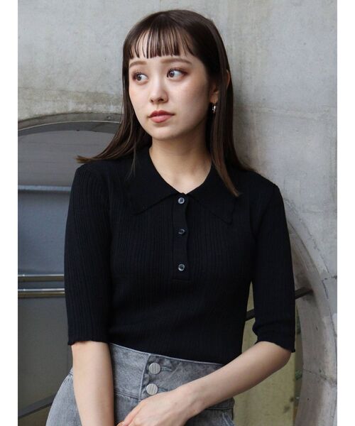 MURUA（ムルーア）の「ランダムリブニットポロシャツ（ポロシャツ・レディース・その他1/ブラック/アイボリー・FREE）」の6枚目の写真