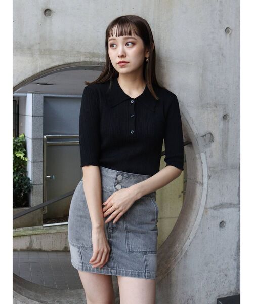 MURUA（ムルーア）の「ランダムリブニットポロシャツ（ポロシャツ・レディース・その他1/ブラック/アイボリー・FREE）」の7枚目の写真