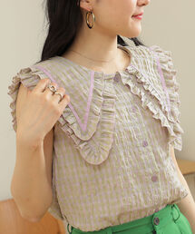 BeAMS DOT | 【WEB限定】BeAMS DOT / ビックフリル襟 ギンガムチェック柄 ノースリーブ ブラウス(シャツ/ブラウス)