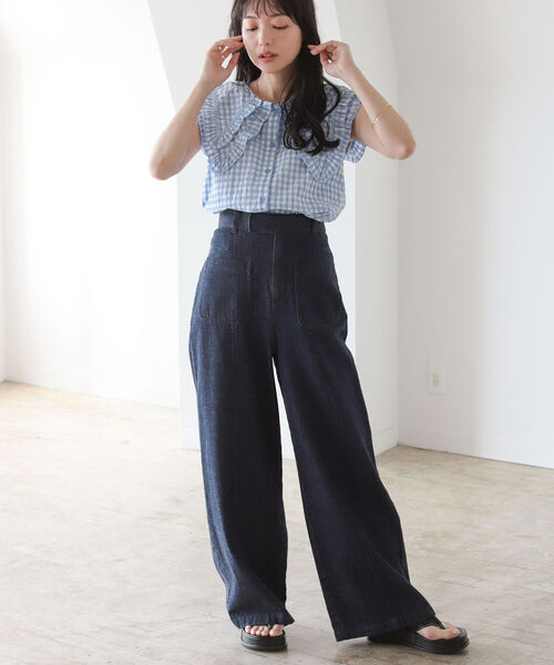 BeAMS DOT（ビームスドット）の「【WEB限定】BeAMS DOT / ビックフリル襟 ギンガムチェック柄 ノースリーブ ブラウス（シャツ/ブラウス・レディース・パープル系その他5/ホワイト/サックスブルー・FREE）」の11枚目の写真