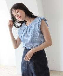 BeAMS DOT | 【WEB限定】BeAMS DOT / ビックフリル襟 ギンガムチェック柄 ノースリーブ ブラウス(シャツ/ブラウス)