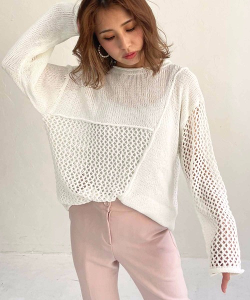 M y u（ミュー）の「【ZOZO限定】パッチワークメッシュニット（ニット/セーター・レディース・オフホワイト・FREE）」の3枚目の写真