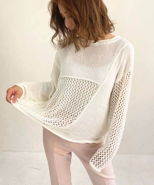 M y u（ミュー）の「【ZOZO限定】パッチワークメッシュニット（ニット/セーター・レディース・オフホワイト・FREE）」の4枚目の写真