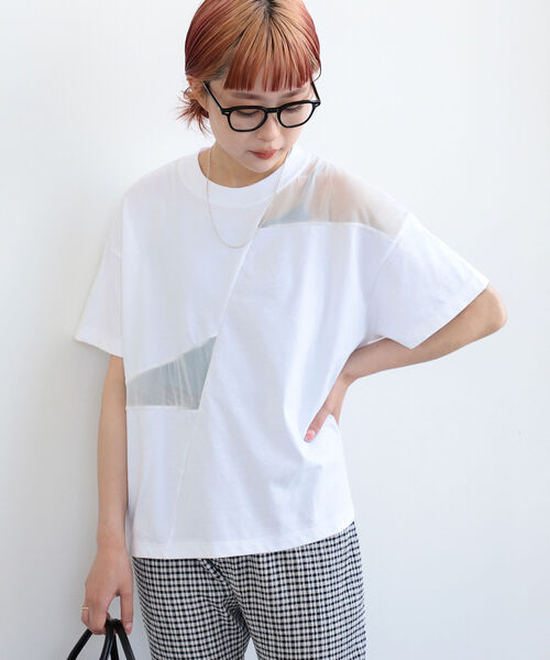 Ray BEAMS（レイビームス）の「Ray BEAMS / シアー 切り替え ハーフスリーブ Tシャツ（Tシャツ/カットソー・レディース・ブラック/ホワイト・ONE SIZE）」の4枚目の写真