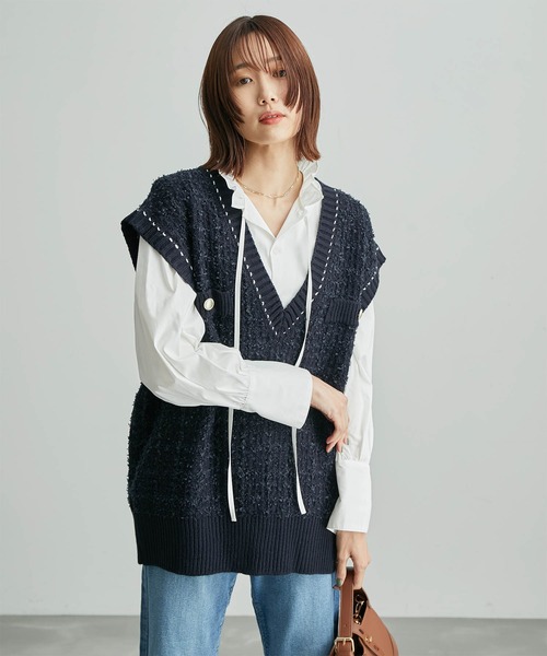 ROPE' PICNIC（ロペピクニック）の「リボンヤーンニットツイードベスト（ベスト・レディース・オフホワイト/ネイビー・38）」の5枚目の写真