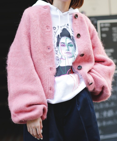 CREOLME(クレオルム)の「(CREOLME)モヘア混ニットカーデ(カーディガン/ボレロ・レディース・ネイビー/ピンク・ONE SIZE)」の5枚目の写真