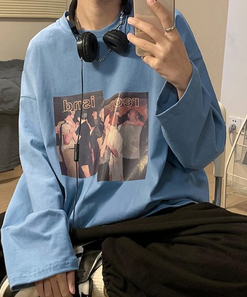 BASQUE magenta（バスクマゼンタ）の「アメリカンヴィンテージライクプリント オーバーサイズロンT（Tシャツ/カットソー・メンズ・ホワイト/オレンジ/ブルー/ブラック・FREE）」の3枚目の写真