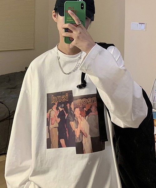 BASQUE magenta（バスクマゼンタ）の「アメリカンヴィンテージライクプリント オーバーサイズロンT（Tシャツ/カットソー・メンズ・ホワイト/オレンジ/ブルー/ブラック・FREE）」の5枚目の写真