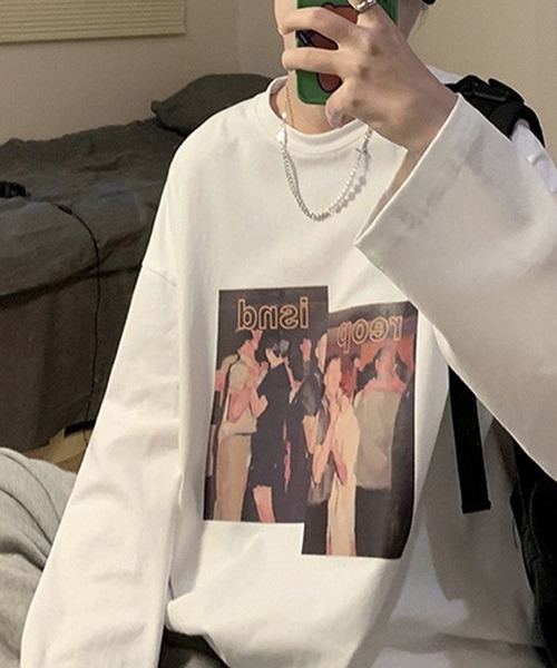 BASQUE magenta（バスクマゼンタ）の「アメリカンヴィンテージライクプリント オーバーサイズロンT（Tシャツ/カットソー・メンズ・ホワイト/オレンジ/ブルー/ブラック・FREE）」の7枚目の写真