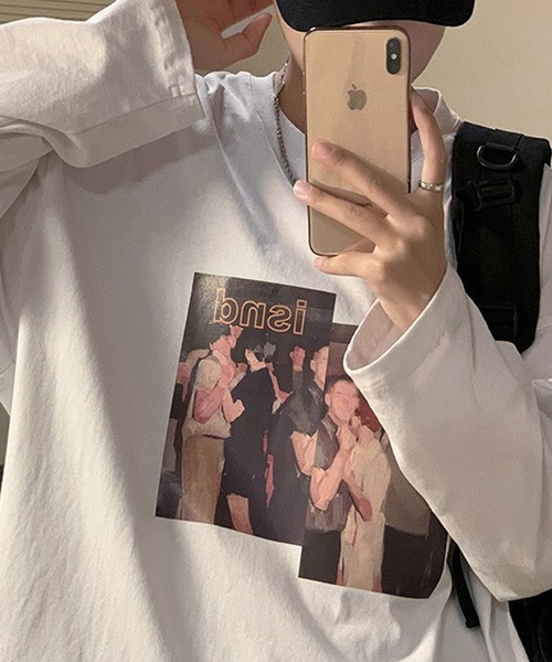 BASQUE magenta（バスクマゼンタ）の「アメリカンヴィンテージライクプリント オーバーサイズロンT（Tシャツ/カットソー・メンズ・ホワイト/オレンジ/ブルー/ブラック・FREE）」の8枚目の写真